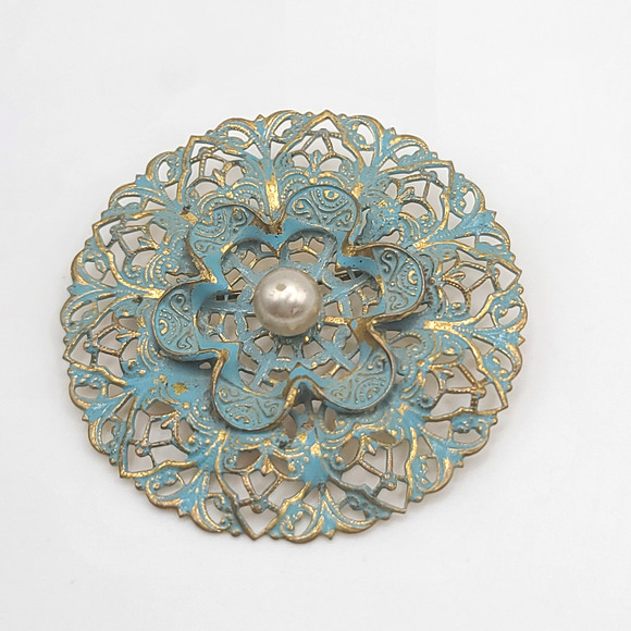 Vintage Western Germany Brooch Blue Filigree - Picture 1 of 9